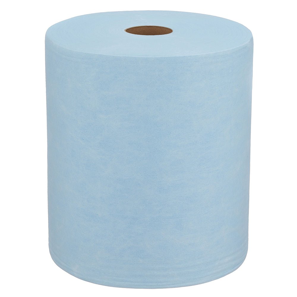 En stor blå WypAll® X60 General Clean stor rulle från Kimberly-Clark GmbH (1 rulle x 500 ark) med brun kärna står upprätt på vit bakgrund, idealisk för professionella rengöringsuppgifter.