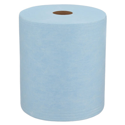 En stor blå WypAll® X60 General Clean stor rulle från Kimberly-Clark GmbH (1 rulle x 500 ark) med brun kärna står upprätt på vit bakgrund, idealisk för professionella rengöringsuppgifter.