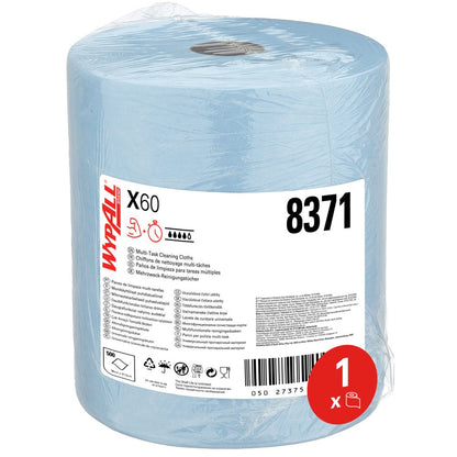 Den blå WypAll® X60 General Clean stor rulle från Kimberly-Clark GmbH (1 rulle x 500 dukar) är plastförpackad, har nummer 8371, produktinformation och ikoner - idealisk för professionell rengöring; Etikett med röd cirkel "1 x".