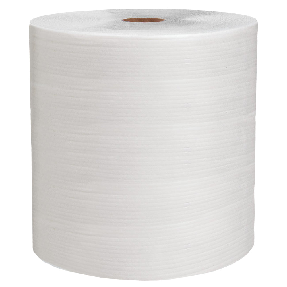 WypAll® X80 PowerClean stor rulle (31,00 cm x 31,50 cm) från Kimberly-Clark GmbH med synlig pappkärna är idealisk för professionellt bruk och står upprätt på en enkel vit yta.