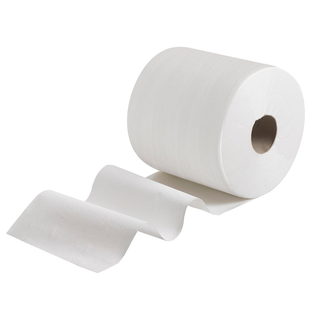 WypAll® X80 PowerClean stor rulle (31,00 cm x 31,50 cm) från Kimberly-Clark GmbH visas med några utrullade ark på vit bakgrund - perfekt för professionella rengöringsuppgifter och som rengöringsduk i proffssektorn.
