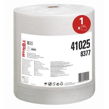 En stor rulle WypAll® X80 PowerClean (31,00 x 31,50 cm) från Kimberly-Clark GmbH med en vit etikett med varumärkesnamn, produktdetaljer och användningssymboler - idealisk för professionellt bruk och svåra rengöringsuppgifter.