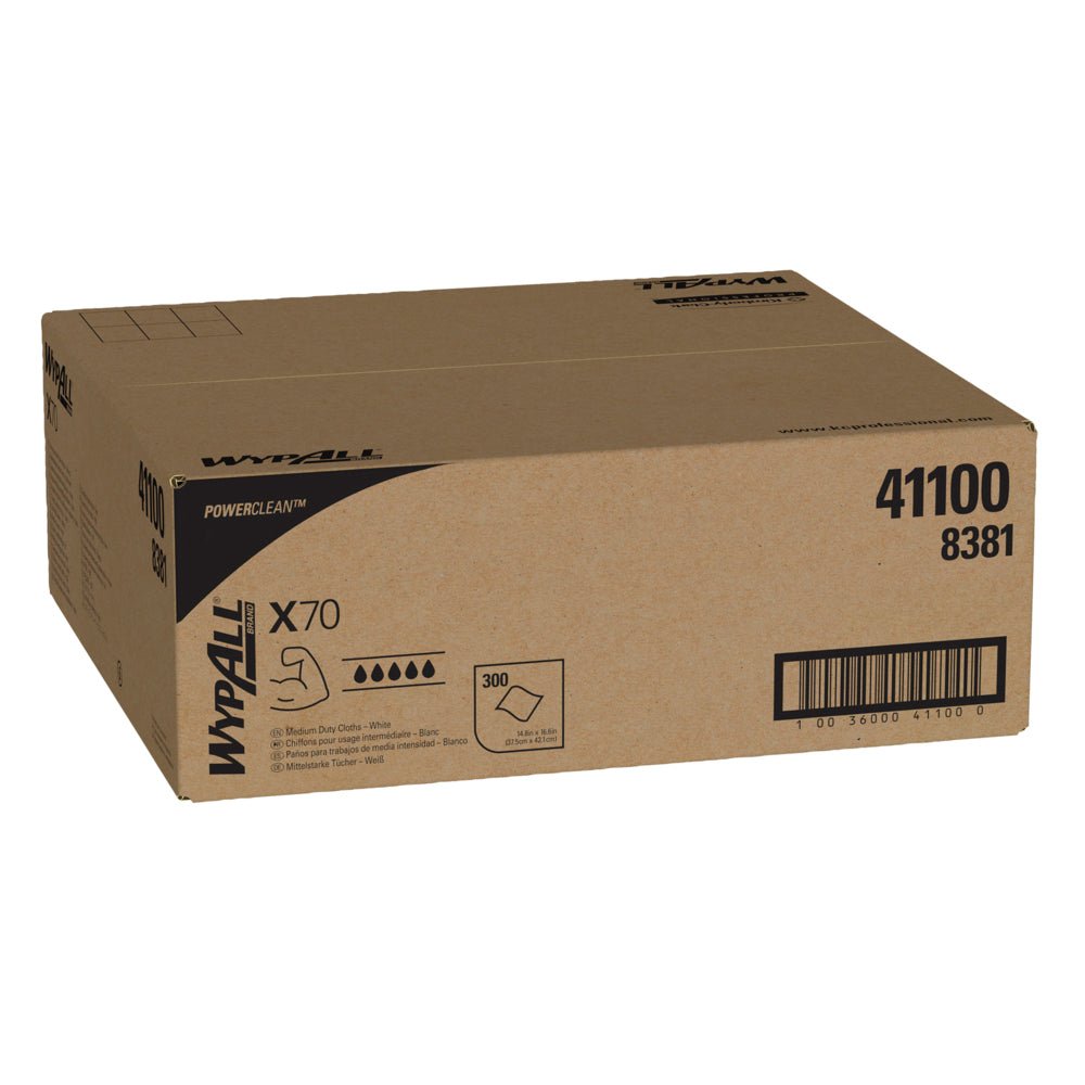 En förseglad brun låda från Kimberly-Clark GmbH WypAll® X70 PowerClean, Vit (produktnummer 41100, 8381), innehåller 300 dukar - idealiska för industriell rengöring. Kartong (1 låda).