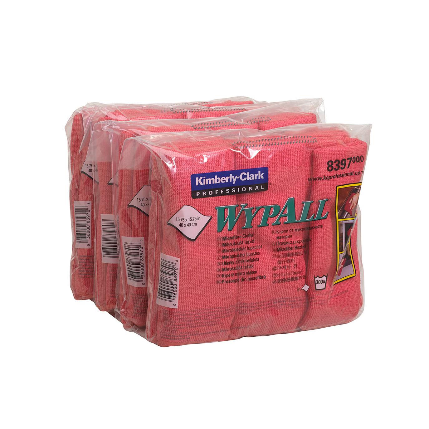 Drei Packungen Kimberly-Clark GmbH WypAll® Mikrofasertücher - flaches Tuch (40 x 40 cm) in rot sind in durchsichtigem Kunststoff eingeschweißt, jede Packung enthält gefaltete Tücher mit sichtbaren Produktetiketten und Barcodes.