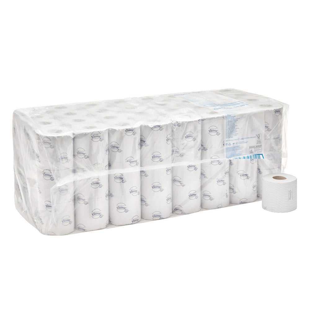 En 8-pack Kimberly-Clark GmbH Kleenex® toalettpappersrullar små rullar (vit), varje förpackning innehåller 12 små rullar med diskret tryck, 250 ark per rulle - en vit tryckt rulle är avbildad utanför förpackningen.