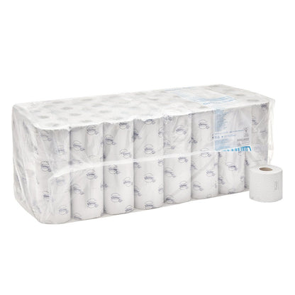 En 8-pack Kimberly-Clark GmbH Kleenex® toalettpappersrullar små rullar (vit), varje förpackning innehåller 12 små rullar med diskret tryck, 250 ark per rulle - en vit tryckt rulle är avbildad utanför förpackningen.
