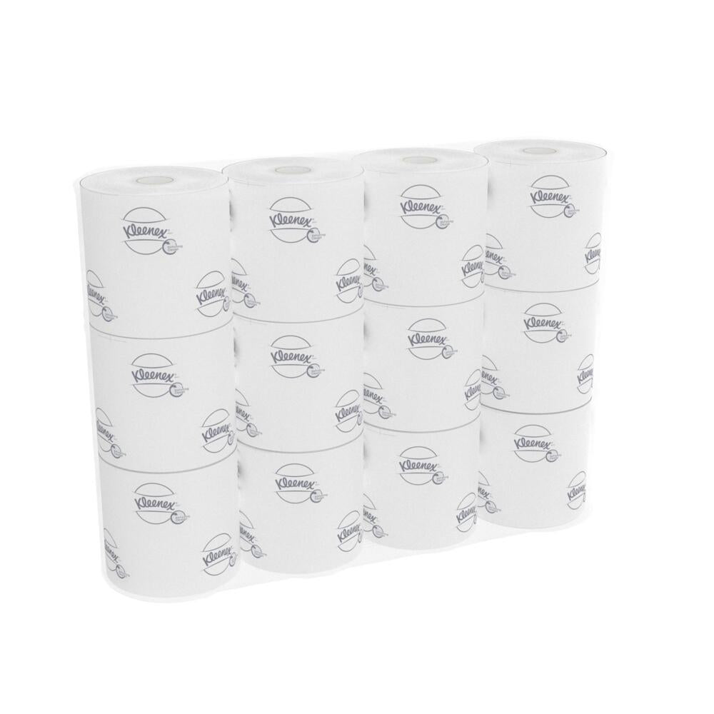 En kartong från Kimberly-Clark GmbH innehåller 8 förpackningar Kleenex® toalettpapper med vardera 12 små vita rullar (250 ark/rulle) - perfekt när du behöver mer än en 8-pack eller föredrar praktiska små rullar.