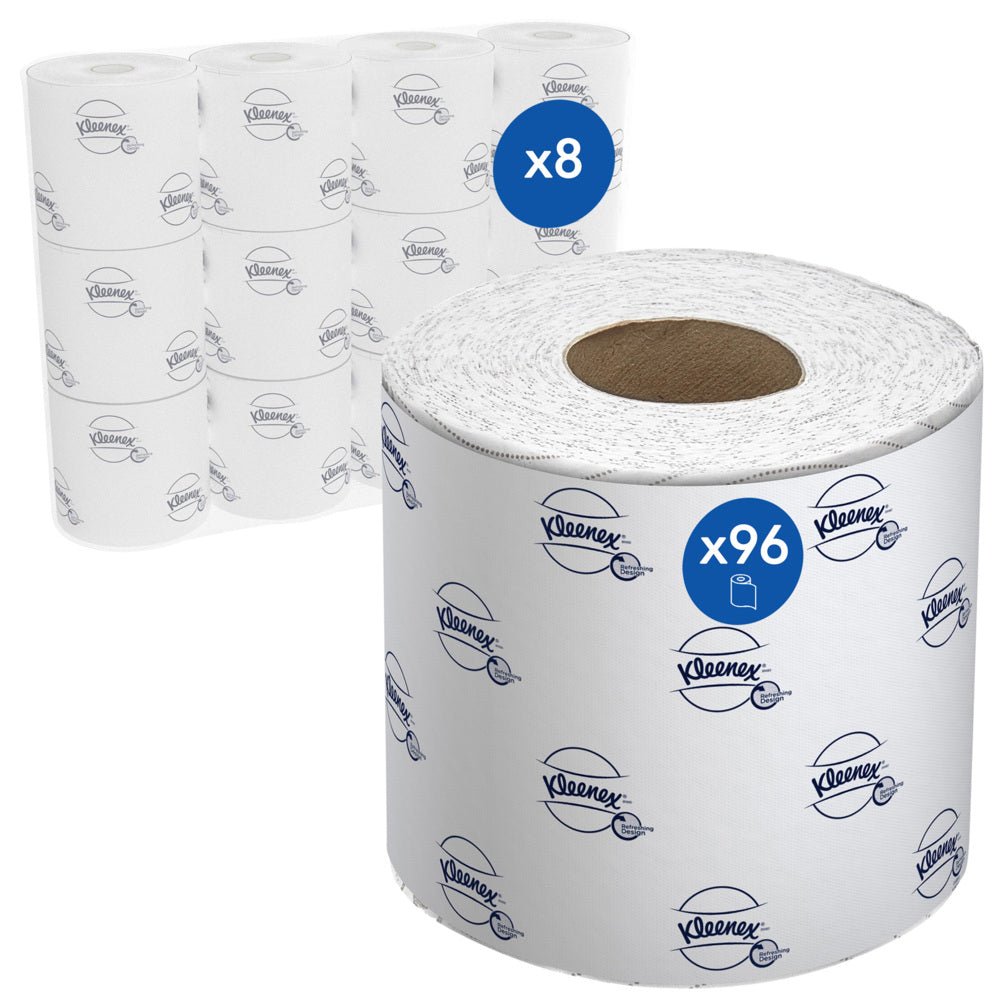 Avbildade är åtta förpackningar Kleenex® toalettpappersrullar små rullar från Kimberly-Clark GmbH med 12 vita små rullar vardera (250 ark per rulle) i märkesförpackning, totalt 96 rullar.