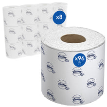 Abgebildet sind acht Packungen Kleenex® Toilettenpapierrollen Kleinrollen der Kimberly-Clark GmbH mit je 12 weißen Kleinrollen (250 Blatt pro Rolle) in Markenverpackung, insgesamt 96 Rollen.