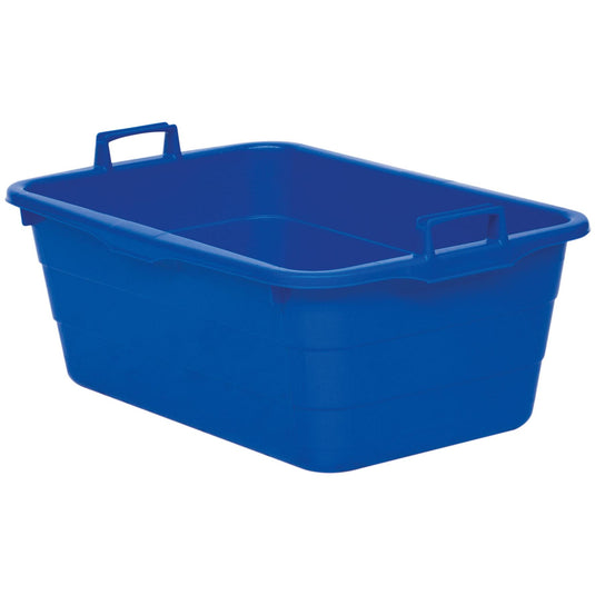En blå Novocal-plastbalja (90 liter, 750 x 490 x 310 mm) med två handtag, ett på varje kortsida. Den robusta förvaringslådan är tom och avbildad mot en vit bakgrund. Märke: Novocal.