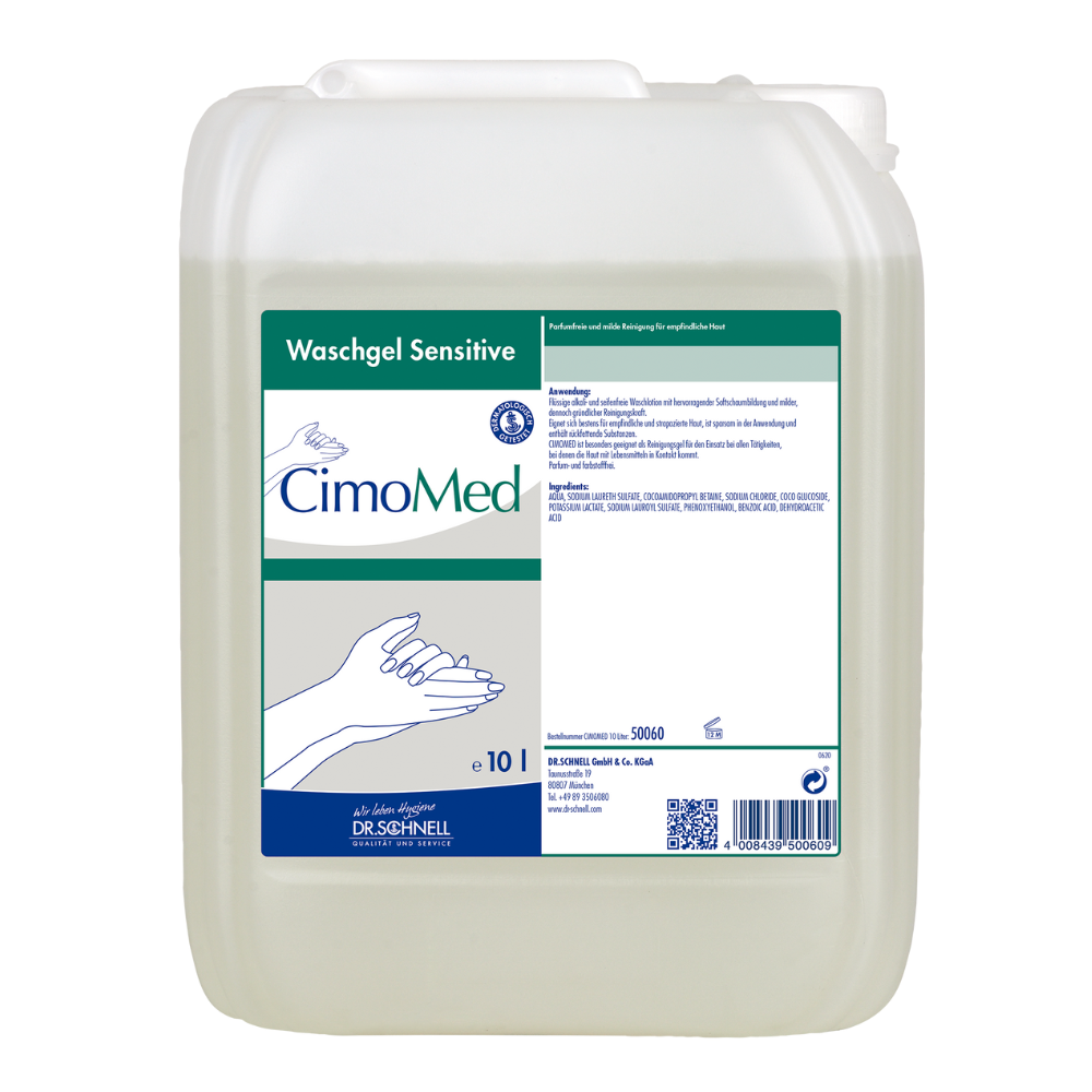 En 10L genomskinlig behållare med texten "Dr. Schnell CIMOMED handtvättgel, doft- och färgfri, för hudrengöring" från DR.SCHNELL GmbH & Co. KGaA med handbilder och detaljerad instruktion; idealisk för känslig hud.