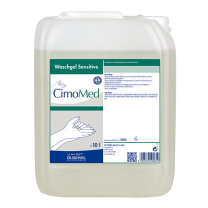 En 10L genomskinlig behållare med texten "Dr. Schnell CIMOMED handtvättgel, doft- och färgfri, för hudrengöring" från DR.SCHNELL GmbH & Co. KGaA med handbilder och detaljerad instruktion; idealisk för känslig hud.