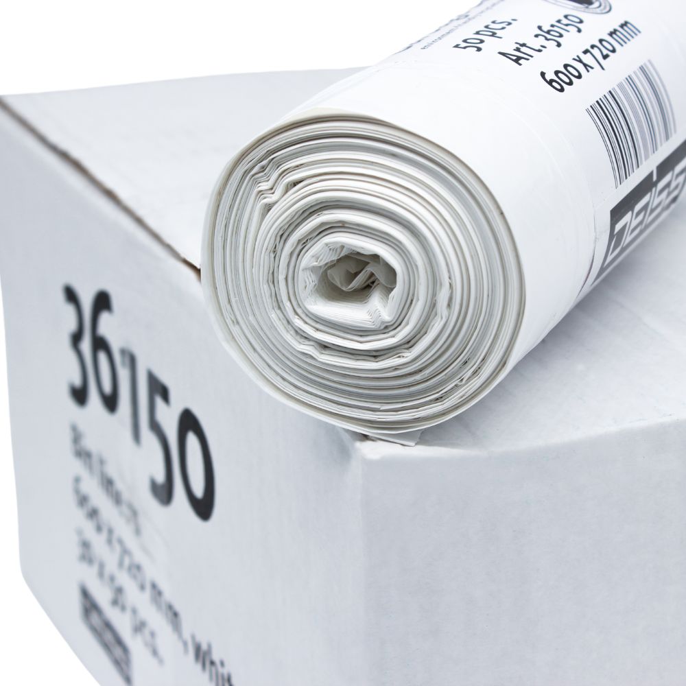 Eine Rolle DEISS LDPE Müllbeutel 60 Liter, hergestellt von EMIL DEISS KG (GmbH + Co.) für lange Haltbarkeit, wird auf einen weißen Karton gelegt. Die Rolle ist fest aufgewickelt und auf dem Karton ist „36150“ zusammen mit einem Strichcode und weiteren aufgedruckten Angaben zu sehen, die auf das Fassungsvermögen von 60 Litern hinweisen.