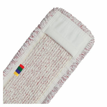 En närbild av Arcora International GmbH Arcora Medical Red Microfasergarn-Bezug visar vita och röda fibrer, en hygienisk vit tygkant och en etikett med röda, gröna, blå och gula ränder på ena sidan.