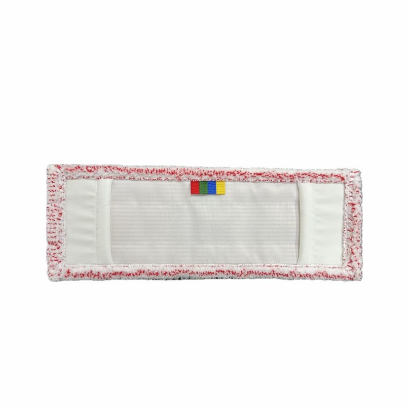 Arcora Excellent Red-White Db-Fc Mopp Pad från Arcora International GmbH är en rektangulär mikrofibermopp med färgkodning, strukturerad kant och färgglada flikar i mitten, avbildad mot vit bakgrund.
