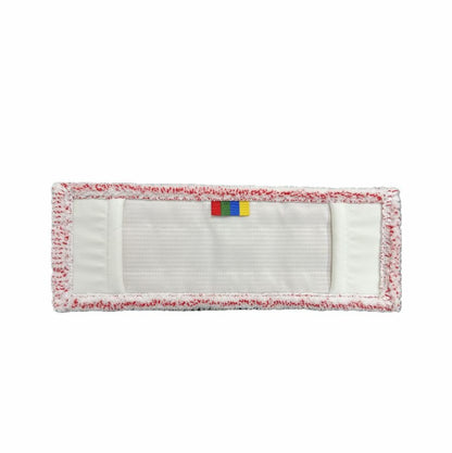 Arcora Excellent Red-White Db-Fc Mopp Pad från Arcora International GmbH är en rektangulär mikrofibermopp med färgkodning, strukturerad kant och färgglada flikar i mitten, avbildad mot vit bakgrund.