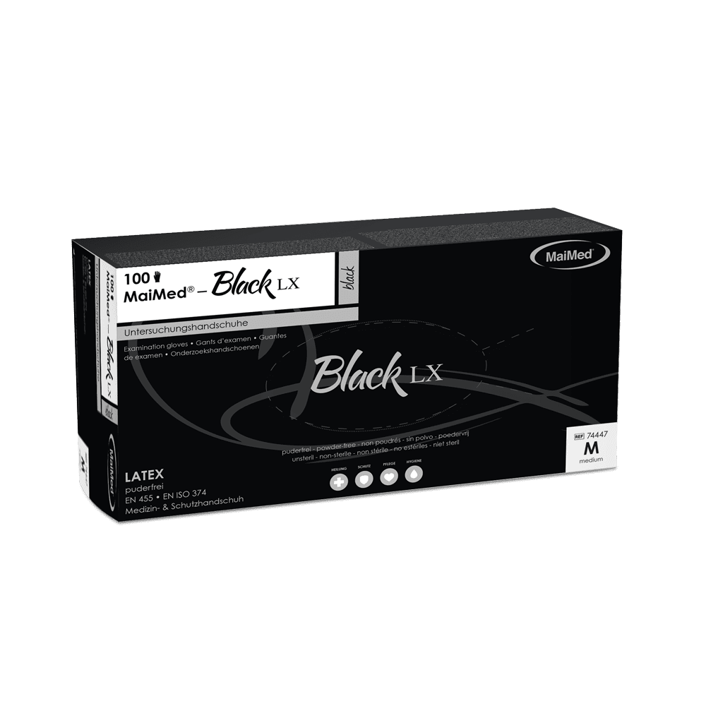 MaiMed-Black LX PF engångshandskar av latex, puderfria, 100 st/kartong