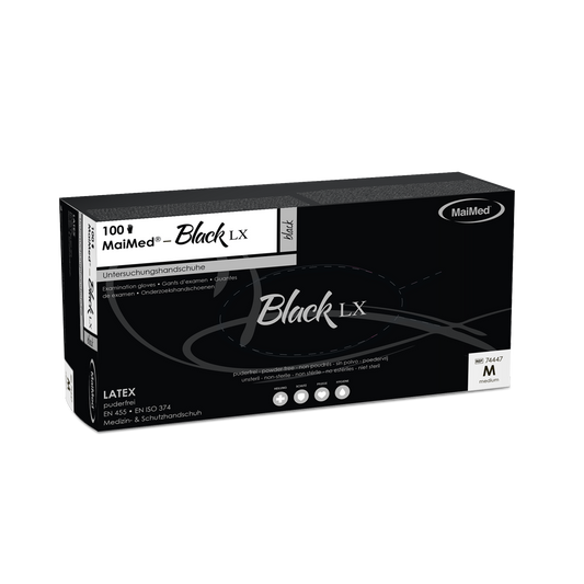 MaiMed-Black LX PF engångshandskar av latex, puderfria, 100 st/kartong