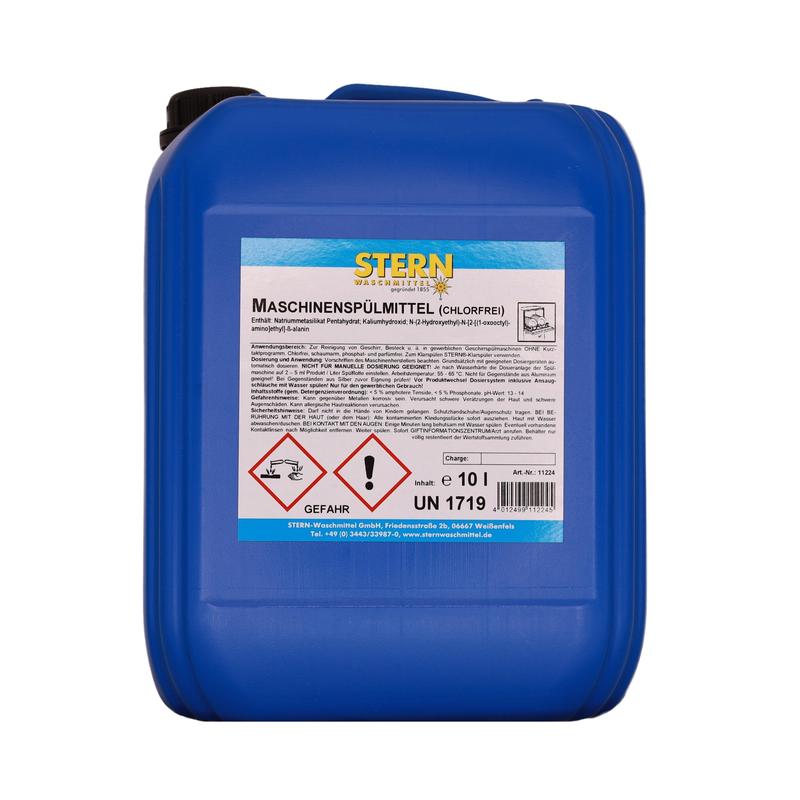 En blå 10L-plastdunk med texten "STERN maskindiskmedel OC" från Stern Waschmittel GmbH, klorfri och märkt med farosymboler, idealisk för restauranger och storkök som industriellt diskmedel.