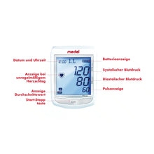 Das Medel Elite Blutdruckmessgerät, hergestellt von Beurer GmbH, zeigt einen systolischen Druck von 120, einen diastolischen Druck von 80 und eine Pulsfrequenz von 60 an. Es verfügt über Funktionen wie einen Alarm bei unregelmäßigem Herzschlag, eine Batterieanzeige sowie eine Datums- und Uhrzeitanzeige. Das Gerät bietet zur Benutzerfreundlichkeit deutsche Anmerkungen.