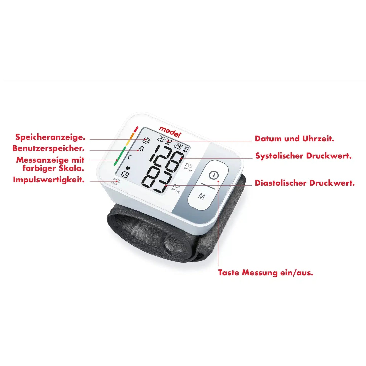 En Medel Quick handledsblodtrycksmätare från Beurer GmbH med märkta funktioner inklusive minnesvisning, användarminne, färgskala, pulseffektivitet, datum och tid, systoliska och diastoliska tryckvärden samt en på/av-funktion.