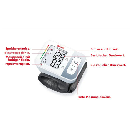 En Medel Quick handledsblodtrycksmätare från Beurer GmbH med märkta funktioner inklusive minnesvisning, användarminne, färgskala, pulseffektivitet, datum och tid, systoliska och diastoliska tryckvärden samt en på/av-funktion.