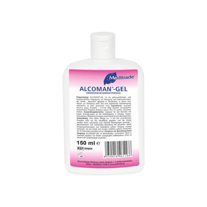 En 150 ml flaska Meditrade Alcoman® Gel handdesinfektion, en rosa handdesinfektionsgel från Meditrade GmbH. Baketiketten visar ingredienser och användningsanvisningar i svart text på vit bakgrund.