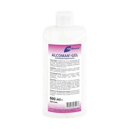 En 500 ml flaska Meditrade Alcoman® Gel handdesinfektion med produktinformation och bruksanvisning på tyska på en vit-rosa etikett. Flaskan har en snäppkork och ser ut