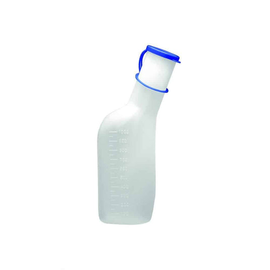Urinflaskan för män från Meditrade GmbH är en genomskinlig plastflaska med blått lock och ett ergonomiskt bärhandtag. Den har en volym på 1000 ml, måttmarkeringar på ena sidan och är enkel att använda. Hållaren till urinflaskan säljs separat.