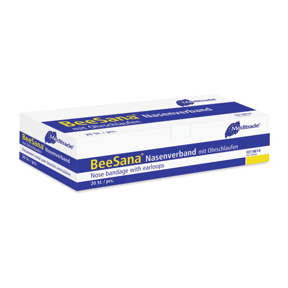 En låda Meditrade ABE® näsbandage för näsblod med öronslingor, vit och blå märkt. Lådan innehåller 20 stycken och är försedd med logotypen för Meditrade GmbH.