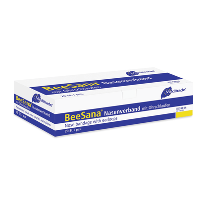 En låda Meditrade ABE® näsbandage för näsblod med öronslingor, vit och blå märkt. Lådan innehåller 20 stycken och är försedd med logotypen för Meditrade GmbH.