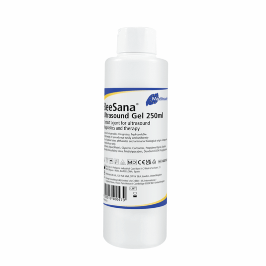 En flaska Meditrade BeeSana® ultraljudsgel, 250 ml, märkt som glidmedel för ultraljudsundersökningar. Etiketten innehåller produktinformation och symboler som visar att produkten uppfyller gällande lagkrav.