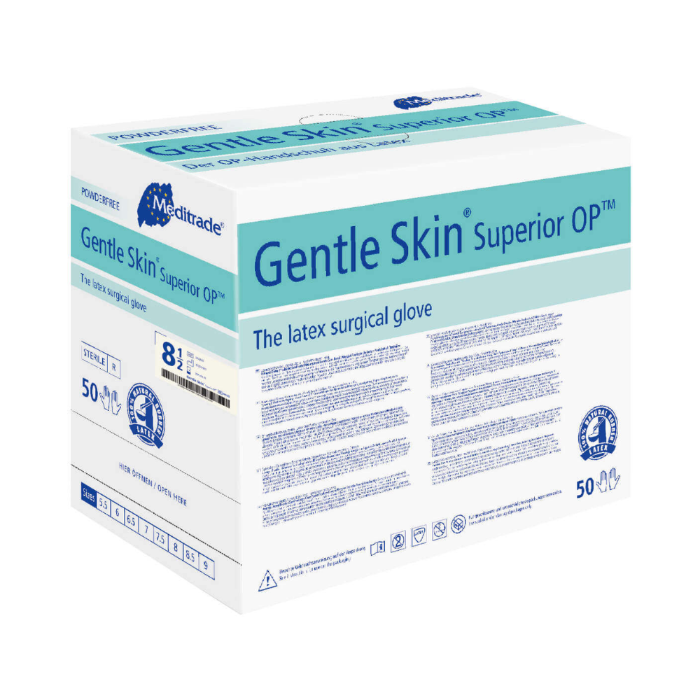 En låda Meditrade Gentle Skin® Superior OP™ Latex-operationshandskar, storlek 8,5, innehåller 50 par. Förpackningen är övervägande vit och blå med utförlig produktinformation. Denna latex-operationshandske är från märket Meditrade GmbH.