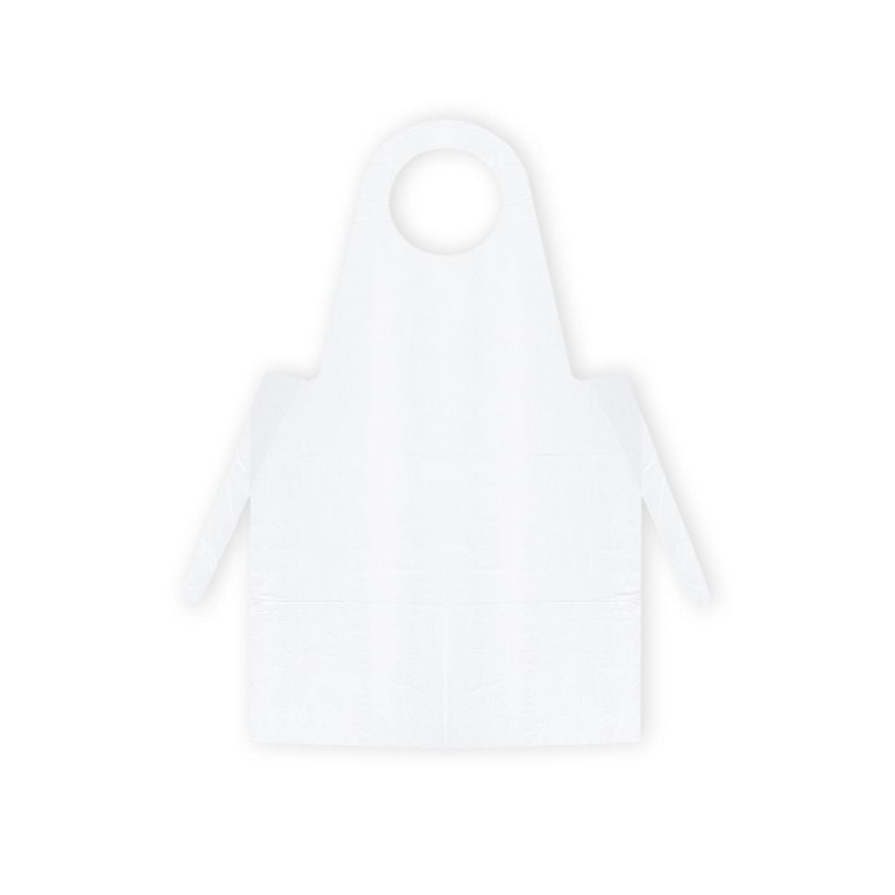 På en grå bakgrund visas ett blått Meditrade PE-engångsförkläde från Meditrade GmbH. Det har en cirkulär halsöppning och långa sidoband för att knyta i midjan och uppfyller därmed väsentliga hygienkrav.