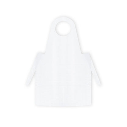 På en grå bakgrund visas ett blått Meditrade PE-engångsförkläde från Meditrade GmbH. Det har en cirkulär halsöppning och långa sidoband för att knyta i midjan och uppfyller därmed väsentliga hygienkrav.