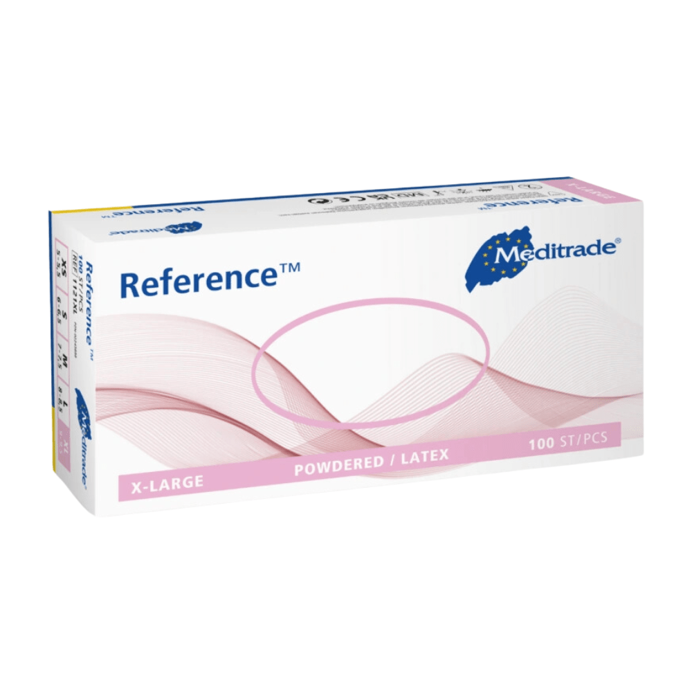 En låda Meditrade Reference™ latexundersökningshandskar i storlek XL med 100 stycken, övervägande vit och rosa förpackning med blå accenter.