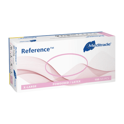 En låda Meditrade Reference™ latexundersökningshandskar i storlek XL med 100 stycken, övervägande vit och rosa förpackning med blå accenter.