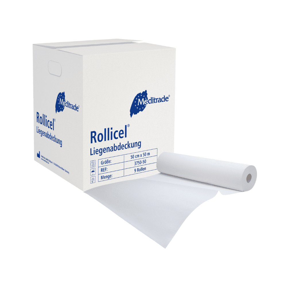 En vit låda med Meditrade Rollicel® läkarpapper/rulle, 39 - 59 cm x 50 m, 2-lagers från märket Meditrade GmbH, avbildad med ett utrullat ark som sticker ut från lådan. Lådans detaljer inkluderar produktstorlek och mängd. Denna produkt är också känd som