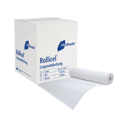 En vit låda med Meditrade Rollicel® läkarpapper/rulle, 39 - 59 cm x 50 m, 2-lagers från märket Meditrade GmbH, avbildad med ett utrullat ark som sticker ut från lådan. Lådans detaljer inkluderar produktstorlek och mängd. Denna produkt är också känd som
