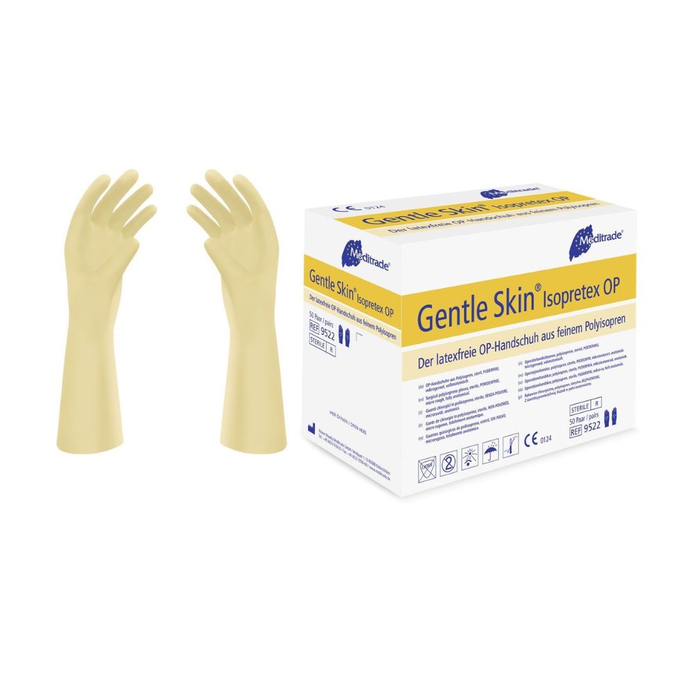 Två beige Meditrade Gentle Skin® Isopretex® OP-handskar sterila och puderfria visas bredvid en låda. Lådan är märkt på engelska och tyska och betonar handskarnas sterila och puderfria egenskaper. Symboler betonar den latexfri sammansättningen och efterlevnaden av säkerhetsstandarder.