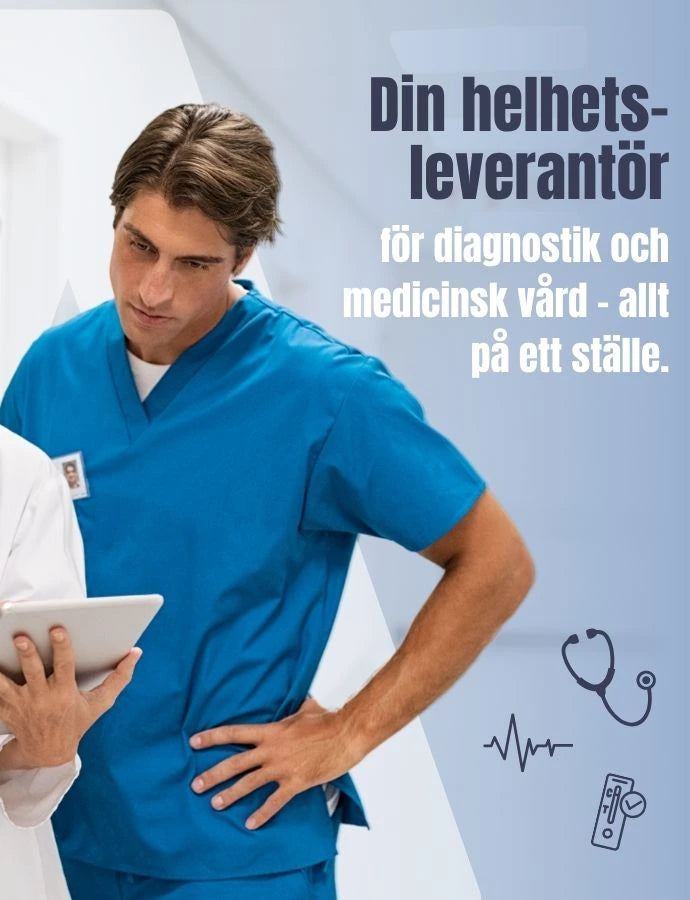 Tre vårdpersonal står tillsammans och tittar på en surfplatta, medan ett reklamutrymme med medicinska symboler visas till höger.“