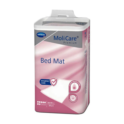Ett paket MoliCare® Premium Bed Mat sängskyddsunderlägg 7 droppar med 25 stycken, presenterat i en rosa-vit design som betonar skydd och hygien, från Paul Hartmann AG.