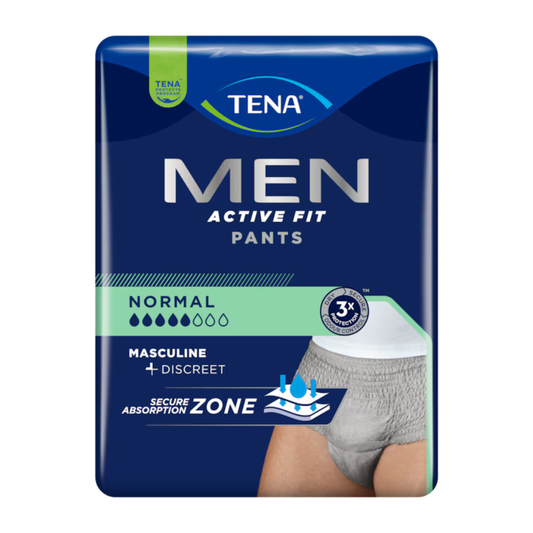 Eine Packung Muster TENA Men Active Fit Pants Normal Grey von TENA - Essity Germany GmbH mit einem Mann, der das Produkt trägt, wirbt für "diskreten Schutz" für Inkontinenz Männer und ein maskulines, diskretes Aussehen plus sichere Absorptionszone.