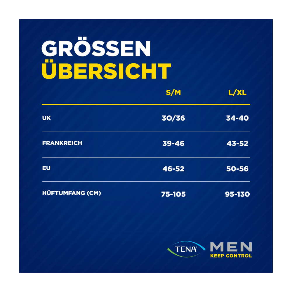 Storlekstabellen för TENA Men Active Fit Pants Normal Grey från TENA - Essity Germany GmbH listar midjestorlekarna S/M och L/XL för Storbritannien, Frankrike, EU och i cm (75-105, 95-130), för att erbjuda diskret skydd för inkontinenta män.