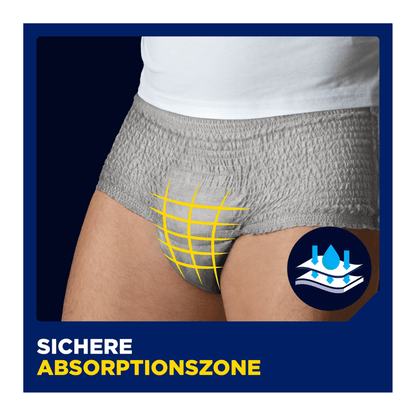 En person som bär TENA Men Active Fit Pants Normal Grey från TENA - Essity Germany GmbH visas från midjan till mitten av låret. Gula rutnätlinjer framhäver framsidan och betonar det diskreta skyddet. Ikon och text lyder "Säker absorptionszon."