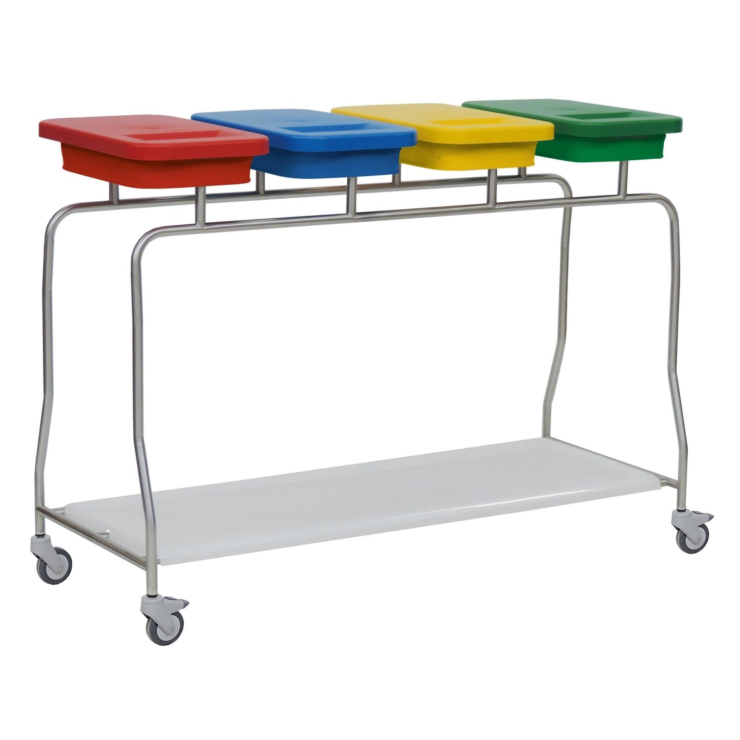 Den rostfria avfallssamlaren "Kompakt" från Novocal har en ram av rostfritt stål, fyra färgade behållare (röd, blå, gul, grön), en vit botten och fyra styrhjul för enkel rörlighet.