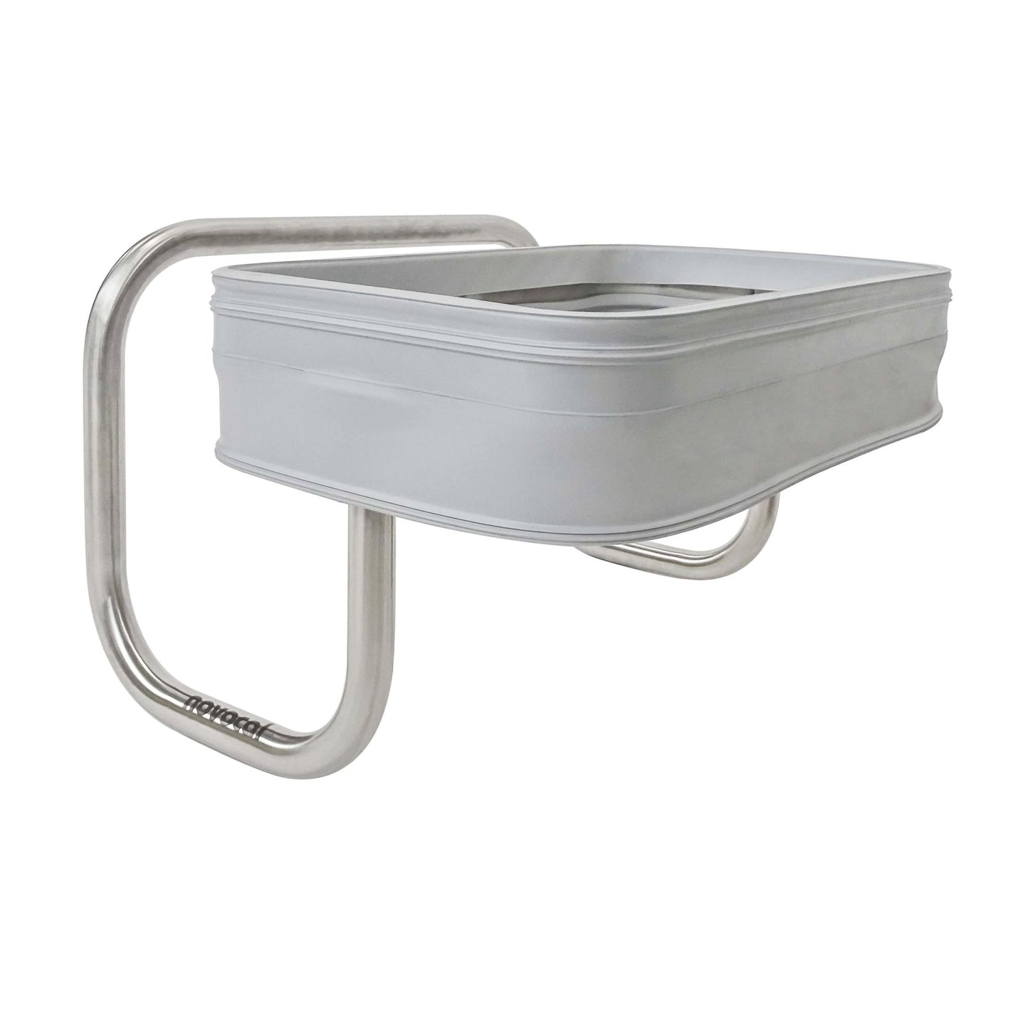 Den Novocal tvättkorgen i rostfritt stål "Kompakt" är en rektangulär, ljusgrå väggtvättkorg med rundade kanter på ett metalliskt, platsbesparande fäste med inskriptionen "novocal". Ramen är utrustad med anslutningar i rostfritt stål. Bakgrunden är vit.