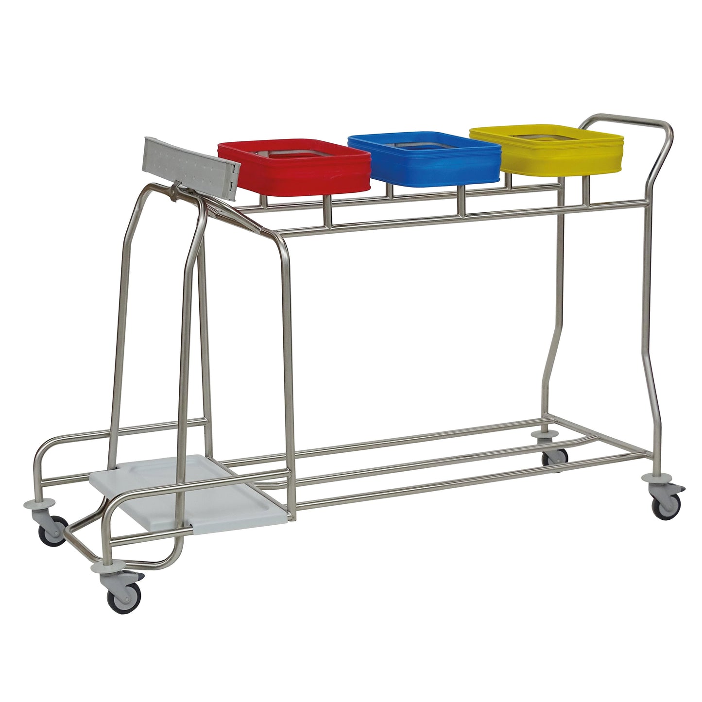 Der Novocal Edelstahl-Wäschesammler "Kompakt plus" ist ein mobiler 3-fach Kombisammler mit farbigen Behältern (rot, blau, gelb) für hygienische Wäscheaufbewahrung oder Abfalltrennung - optimal organisiert und platzsparend auf Rollen.