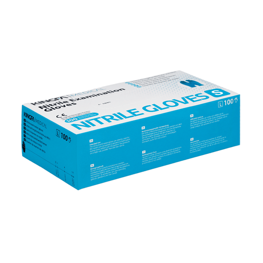 En förpackning med undersökningshandskar av nitril från Kingfa i cyan-vit förpackning, tillverkade av 100 % syntetisk nitril och latexfria. Förpackningen innehåller 100 stycken. Det finns en text som lyfter fram produktens egenskaper.
