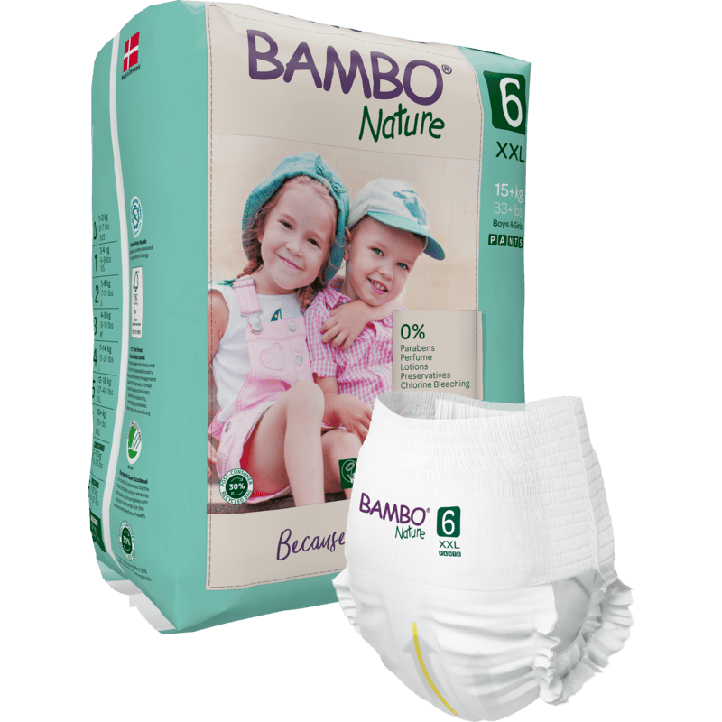 En förpackning Bambo Nature Pants från Abena Re-Seller GmbH i XXL storlek 6 visar två leende barn, där en blöja ligger framme för att understryka den mjuka, miljövänliga designen.